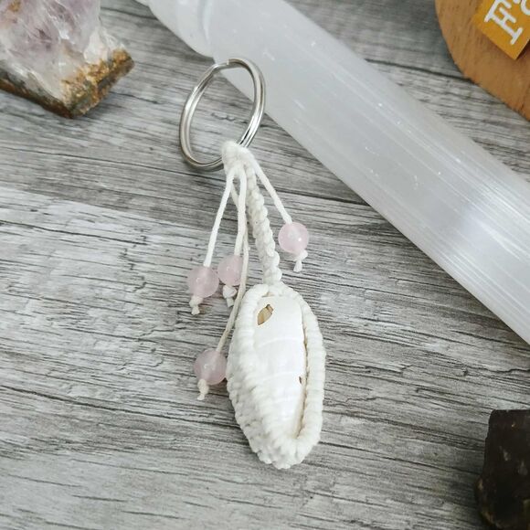 Macrame Rose Quartz & Shell Beaded Keychain, Key Ring, Gemstone Accessories 3.5" - Picture 5 of 6